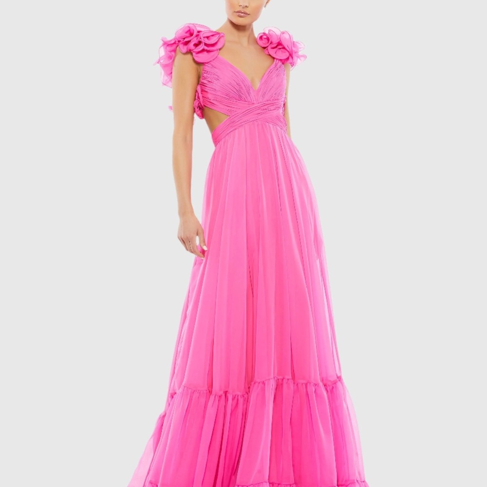 Pink Mac Duggal Ruffle Tiered Cut-Out Chiffon Gown